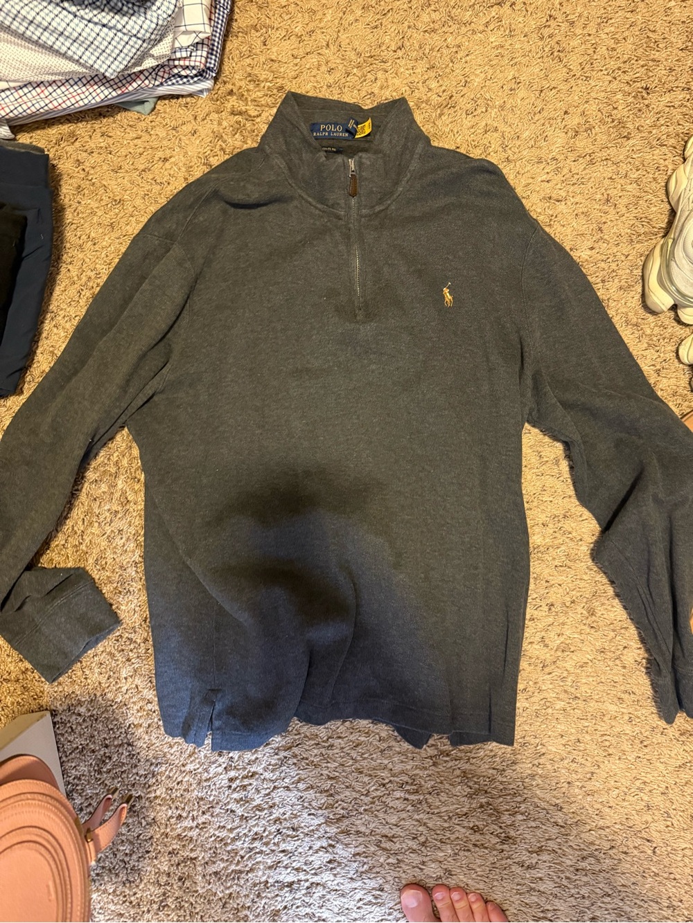 Polo by Ralph Lauren Men's Charcoal 1/4 Zip Sweater with Gold Pony